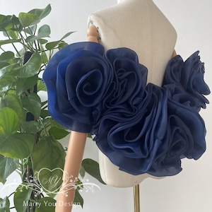 Minimalist Shawl Wrap,Rose Flowers Shawl,Organza Rose Navy Removable Bridal Cover Up Cape,Wedding Topper,Fairy Romantic Bridal top Bolero