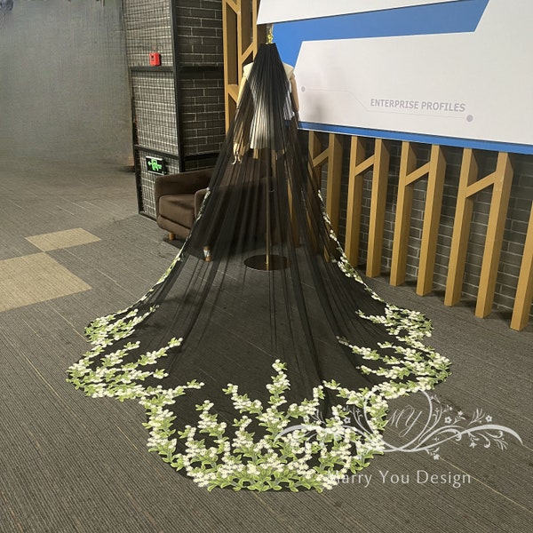 Velo de novia gótico, velo de novia de jardín de hojas blancas y verdes, velo de novia de césped floral verde festoneado, velo de novia de playa gótico negro especial