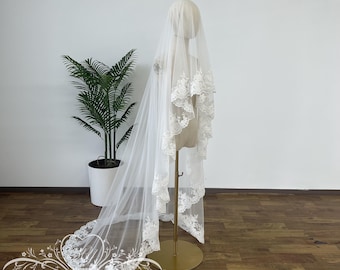 Velo de novia minimalista, velo de encaje con borde, velo de novia con mantilla, velo de novia elegante, velo de novia con caída, velo de novia playero, velo de los años 30