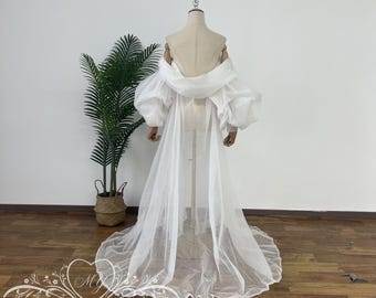 Romantic Puff Sleeves Wedding Cape,Tulle Bridal Cape Veil with Sleeves,Solid Tulle Cape for Bride,Tulle Cape Veil,Classic Wedding Cape