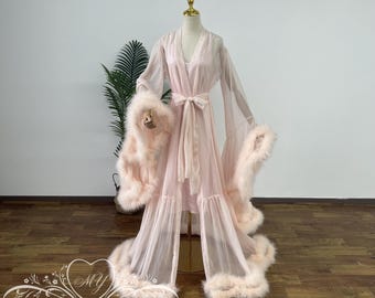 Dreamy Bridal Robe with Feather,Sheer Wedding Robe,Bridal Dressing Gown,Photo shoot Bridal Robe,Ruffle Long Bridal Robe,Boudoir Robe