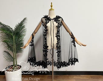 Mantella da sposa in pizzo a foglie nere, mantella da sposa gotica, mantella da sposa in pizzo a foglie con bordo, mantello lungo reale, velo da sposa in pizzo classico a foglie