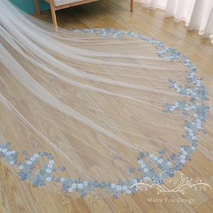 Dreamy Blue Garden Flower Wedding Veil,White&Blue Floral Lace Wedding Veil,Edge Floral Bridal Veil,Wedding Veil,Tulle Outdoor Wedding Veil