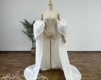 Capa de tafetán para bodas espectacular, capa de novia de alta costura, chal abullonado con cola larga, elegantes envolturas para brazos para bodas, capa para eventos formales de noche