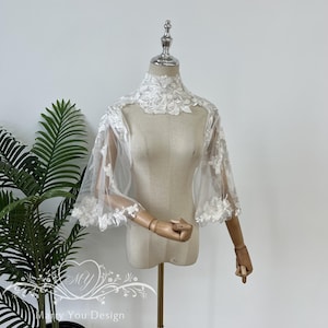 Floral Wedding Bolero,Dreamy Bridal Bolero with Poet Sleeves,Lace Bridal Cover Up,Wedding Cape,Bridal jacket,Bell Sleeves Bridal Bolero