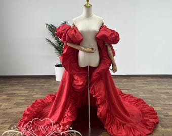 Capa de boda de moda, capa de presentación espectacular, capa de tafetán, chal abullonado con cola larga, capa de novia de alta costura, elegantes mantones para bodas