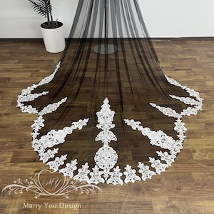 Custom Gothic Black Wedding Veil,White Royal Lace Wedding Veil,Soft Tulle Wedding Veil,Bridal Veil with Comb,Cathedral Elbow Hip Veil