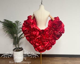 Luxury Shawl Wrap,3D Rose Flowers Shawl,Satin Flowers Removable Bridal Cover Up Cape,Red Wedding Topper,Fairy Romantic Bridal top Bolero