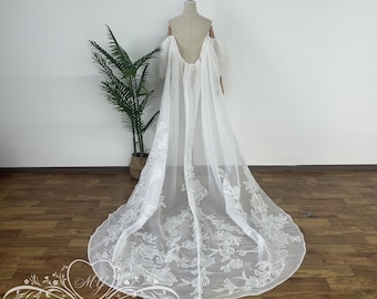 Bohemia Puff Sleeves Wedding Cape,Floral Bridal Cape Veil with Sleeve,Floral Lace Cape for Bride,Floral Tulle Cape Veil,Organza Wedding Cape