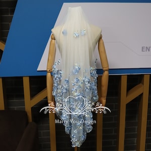 Bohemia Blue Floral Lace Wedding Veil,Ocean Theme Wedding Veil,Edge Floral Lace Bridal Veil,Pearls Wedding Veil,Tulle Outdoor Wedding Veil