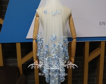 Bohemia Blue Floral Lace Wedding Veil,Ocean Theme Wedding Veil,Edge Floral Lace Bridal Veil,Pearls Wedding Veil,Tulle Outdoor Wedding Veil
