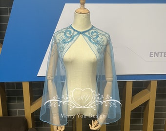 Luxury Light Blue Beaded Lace Bridal Veil Cape,Sequined&Beading Wedding Cape,Wedding Shoulder Veil,White Cape Bridal,Wedding Long Capelet
