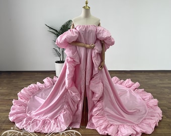 Capa elegante para bodas, capa de boda de moda, capa de presentación espectacular, capa de tafetán, chal abullonado con cola larga, capa de novia de alta costura.
