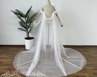 Romantic Wedding Cape with Puff Sleeves,Tulle Bridal Cape Veil with Sleeves,Solid Tulle Cape for Bride,Tulle Cape Veil,Classic Wedding Cape
