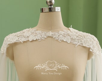 Capa de boda elegante, capa de velo nupcial de encaje de cuentas de lujo, velo de catedral de encaje floral, capa de tul de encaje floral nupcial, capelet largo para boda