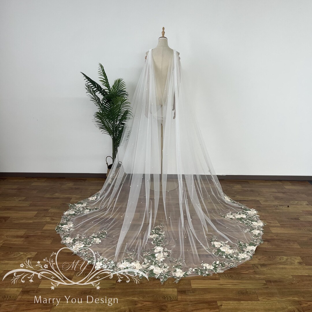 V-shaped Back Wedding Floral Cape,backless Bridal Cape With Green ...