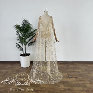 Sparkling Moon & Stars Bridal Veil with V-Back,Celestial Wedding Cape Veil,Starry Silver/Gold Galaxy Cloak,Black or Custom Colors Available