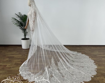 Velo de catedral espectacular, velo de novia estilo mantilla vintage, velo de novia clásico de encaje para iglesia, velo con ribete de encaje floral, velo de novia brillante para la playa.