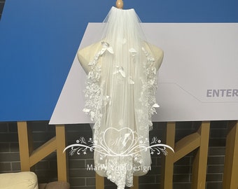 3D Butterfly Wedding Veil,Elegant Floral Lace Bridal Veil with 3D Butterfly,1 Tier Flower Lace Wedding Veil,Cathedral/Chapel Length Veil