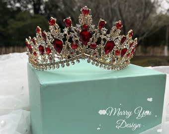 Luxury Prom Quinceanera Crown,Gold Crystal Crown for Woman,Shining Wedding Crown,Red/Green/Blue Tiaras for Women,Party Hair Accessories
