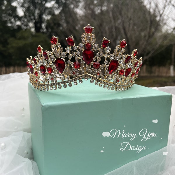 Luxury Prom Quinceanera Crown,Gold Crystal Crown for Woman,Shining Wedding Crown,Red/Green/Blue Tiaras for Women,Party Hair Accessories