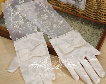 Floral White Stain Gloves for Wedding,Bridal Tulle Gloves,Long Beading Wedding Gloves,Arm Gloves,Woman Gloves for Prom,Photo Shooting