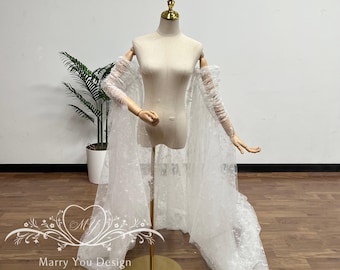 Moon& Stars Bridal Cape, Sparkly Tulle Wedding Cape, Off Shoulder Pleating Sleeve