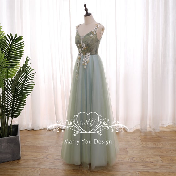 open lace back dress Long Prom Ball Gown with Flowers CM347 Blue / 2