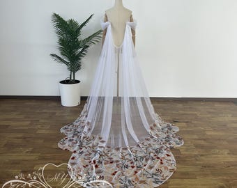 Fall Wedding Floral Cape,Off Shoulder Sleeves with Long Train,Off-the-shoulder Wedding Detachable Sleeves,Fall Bridal Cape with Floral Lace