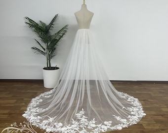 Romantic Detachable Wedding Train,Dreamy Floral Lace Detachable Skirt,Detachable Rose Flower Applique Train,Open Front Removable Train
