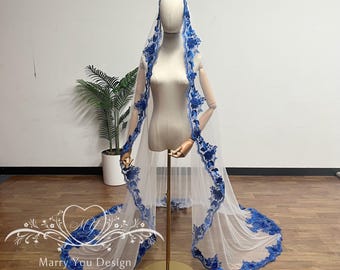 Vintage Mantilla Veil,Blue Floral Mantilla Veil,Beads Mantilla Wedding Veil,Beach Wedding Veil,Drop Bridal Veil,Lawn Wedding Veil,1930s Veil