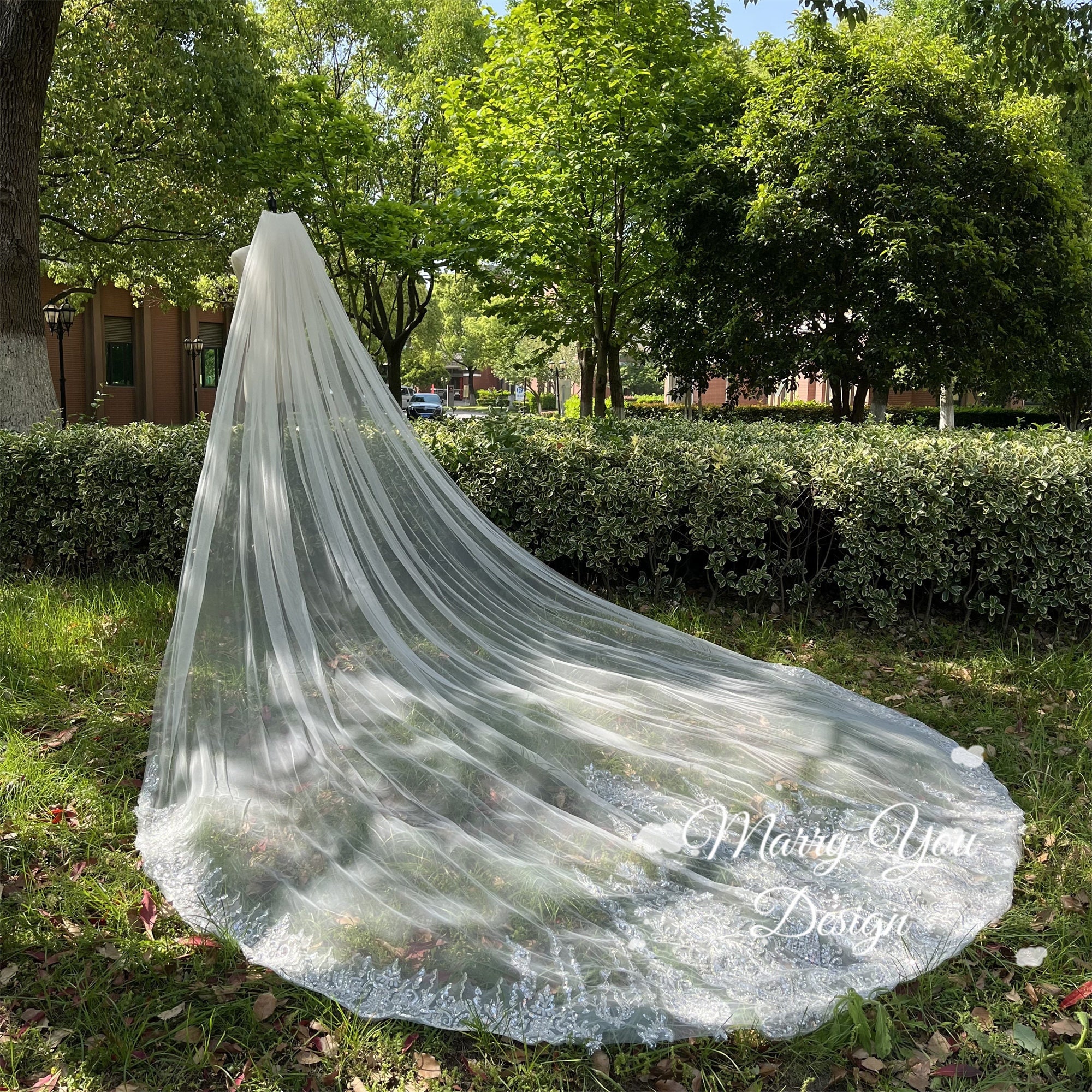 Velo da sposa Bordo in pizzo Velo da sposa lungo di lusso Applique Paillettes Velo bianco/avorio con pettine Cattedrale Un strato 3M/4M/5M