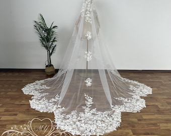 Romantic Mantilla Wedding Veil,Luxury Floral Lace Bridal Veil,Dramatic Cathedral Veil,Flower Lace Trim Veil,Scalloped Beach Wedding Veil