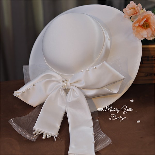 Boho Braut Hut, Elegante Perle Bogen Filz Hut mit breiter Krempe, Boho Satin Hochzeit Hut, Einzigartiger Hut für Frau, Moderne Braut Hüte