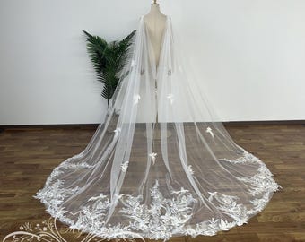 V-shaped Wedding Cape,Floral Birds Bridal Cape,Dreamy Lace Cape with Birds and Flowers,Chapel/Cathedral Bridal Wedding Veil Cape,Birds Lace