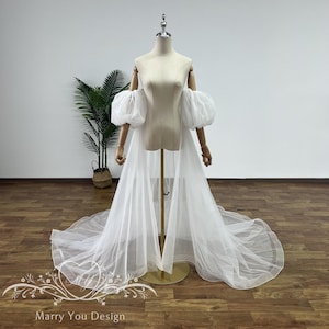 Romantic Puff Sleeves Wedding Cape,Tulle Bridal Cape Veil with Sleeves,Solid Tulle Cape for Bride,Tulle Cape Veil,Classic Wedding Cape