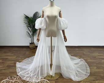 Romantic Puff Sleeves Wedding Cape,Tulle Bridal Cape Veil with Sleeves,Solid Tulle Cape for Bride,Tulle Cape Veil,Classic Wedding Cape