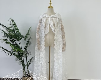 Bohemia Floral Wedding Cape,Celestial Lace Wedding Cape with Hood,Black Evening Events Hood Cape,White Floral Lace Cape Veil,Bridal Clock