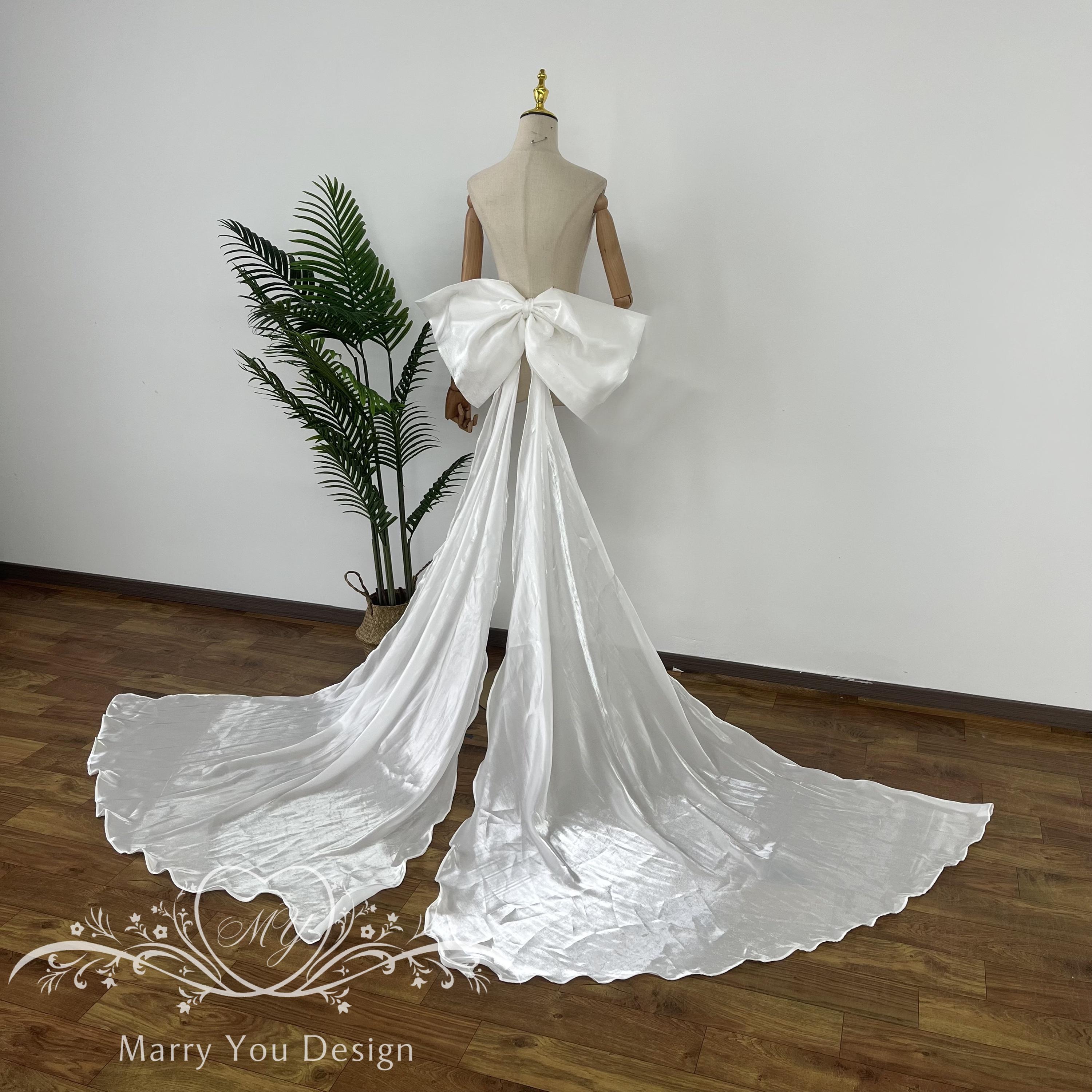 Big Detachable Satin Bow for Wedding Dress Formal Prom Cute Big Bow Ivory Satin A-line Elegant Wedding Dress with  main image 4