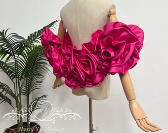 Dreamy Satin Rose Bridal Cape, Removable Wedding Shawl, Fuchsia Flower Bolero