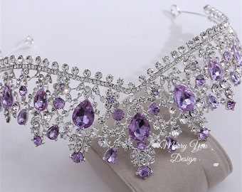 Lila Serie Luxus Königin Tiaras für Hochzeit,Kristall Kristall Krone für Frau,Lavendel Elegante Krone,Hochzeit Haarschmuck Geschenk