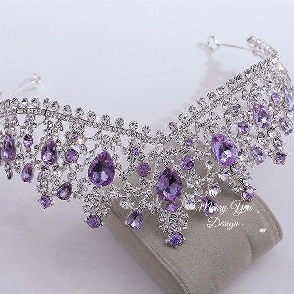 Serie viola Diademi queen di lusso per matrimonio, corona Prom in cristallo scheggia per donna, corona elegante lavanda, accessori per capelli da sposa regalo