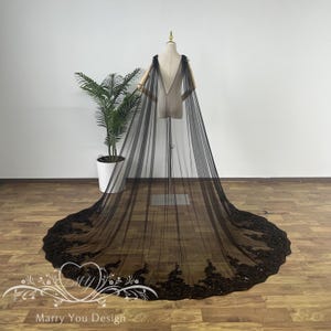 Vintage Black Wedding Cape,V-back Lace Bridal Cape,Gothic Black Tulle Cape,Fairy Veil Cape,Cathedral Lawn Bridal Wedding Veil Cape