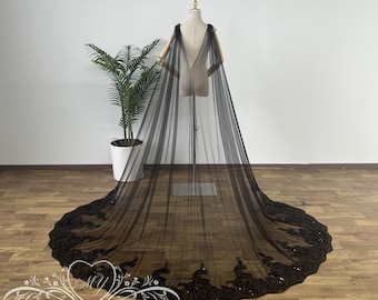 Vintage Black Wedding Cape,V-back Lace Bridal Cape,Gothic Black Tulle Cape,Fairy Veil Cape,Cathedral Lawn Bridal Wedding Veil Cape