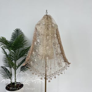 Celestial Wedding Veil with Stars Pendants,Sparkling Cathedral Veil,Glitter Tulle Veil,Starry Night Bridal Veil, Moon & Stars Bridal Veil