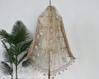 Celestial Wedding Veil with Stars Pendants,Sparkling Cathedral Veil,Glitter Tulle Veil,Starry Night Bridal Veil, Moon & Stars Bridal Veil