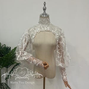 Dreamy Bridal Bolero with Sleeves,Floral Wedding Bolero,Lace Bridal Cover Up,Wedding Cape,Bridal jacket,Pearls Sleeves Bridal Bolero