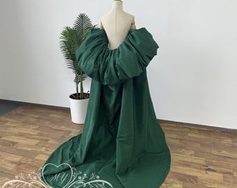 Capa de tafetán verde bosque para boda, chal abullonado con cola larga, capa de novia de alta costura, elegantes envolturas para brazos para bodas, disponible en cualquier color.