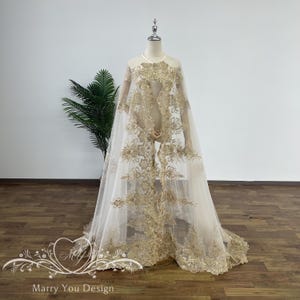 Vintage Gold Wedding Cape,Golden Floral Bridal Cape,Edge Golden Lace Wedding Cape,Sparking Royal Length Cloak,Gold Classic Lace Bridal Veil