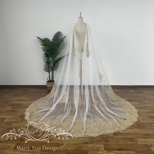 Gold Wedding Cape,Floral Lace Bridal Cape Veil,V-back Shaped Outdoor Wedding Veil,Classic Lawn Wedding Cape,Gold Floral Bridal Cape Veil